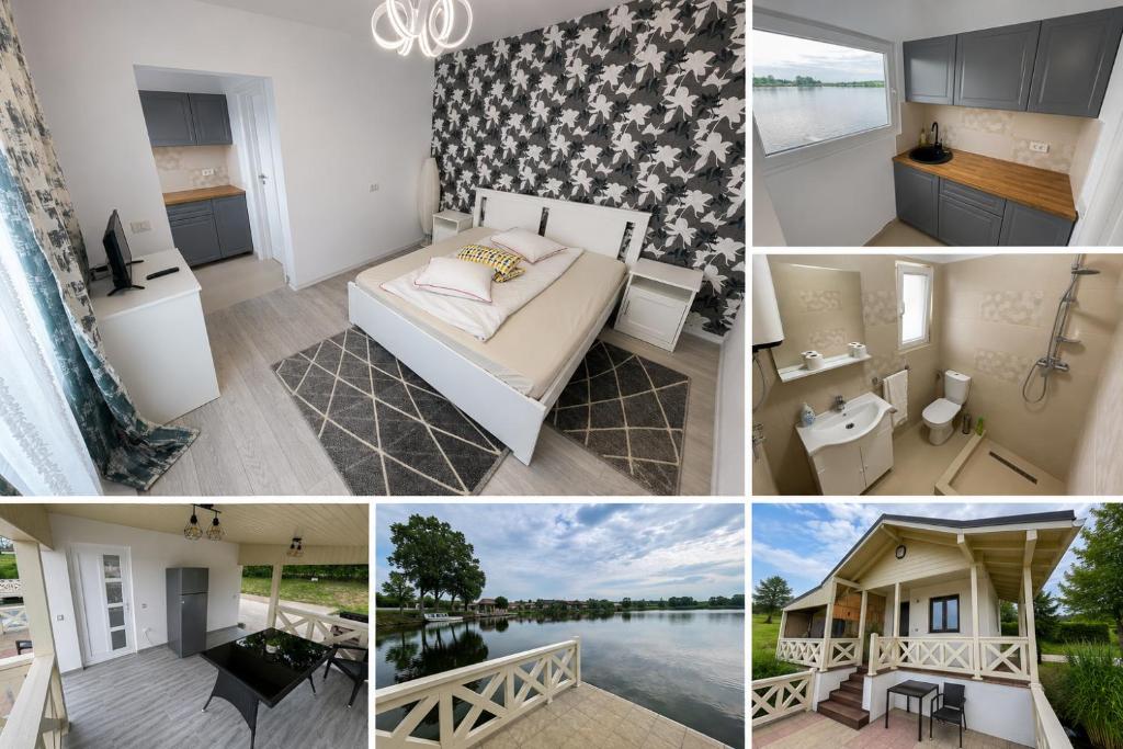 a collage of photos of a bedroom and a room at LAGUNA VERDE Balotesti in Baloteşti