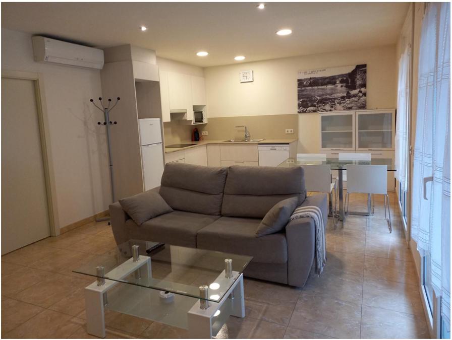 a living room with a couch and a kitchen at Apartament Balcó in Sant Quirze de Besora