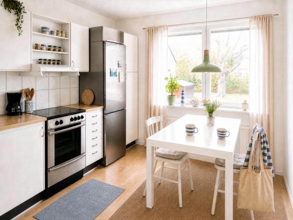 a kitchen with a white table and a white table and chairs at Klintehamn Rooms - Near the Sea in Klintehamn