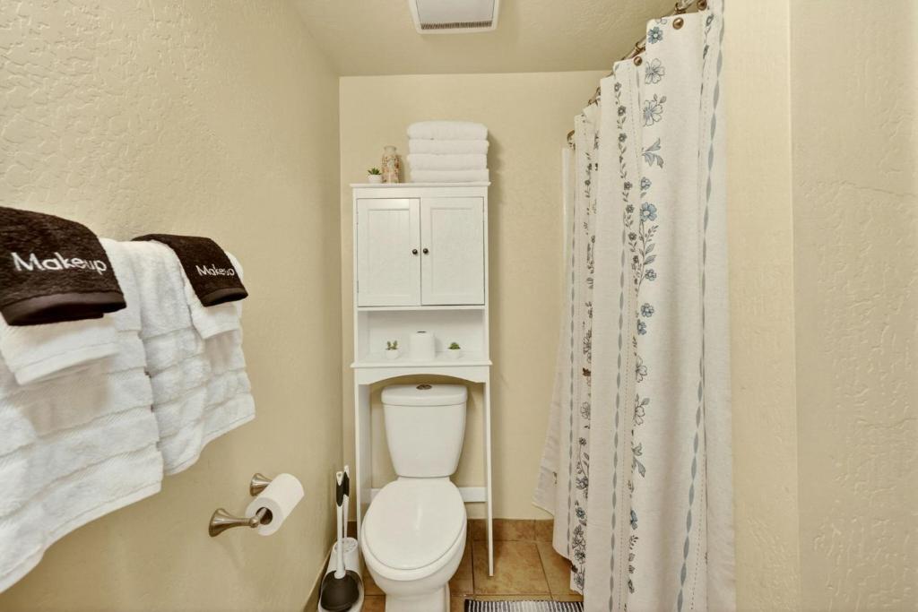 a bathroom with a toilet with towels and a shower at Whimsy On B- 1 block to downtown Ashland in Ashland