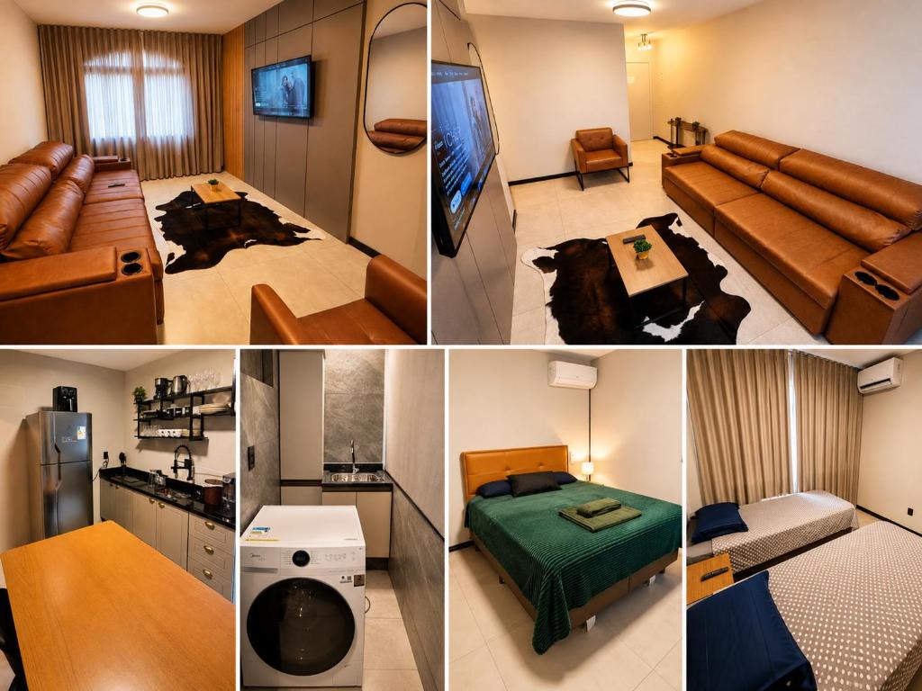 a collage of four pictures of a living room at AP Central Aconchegante 03 Quartos Próx Unimed Com Garagem, Ar Quente Frio, Cozinha Completa - Até 06 Pessoas in Chapecó