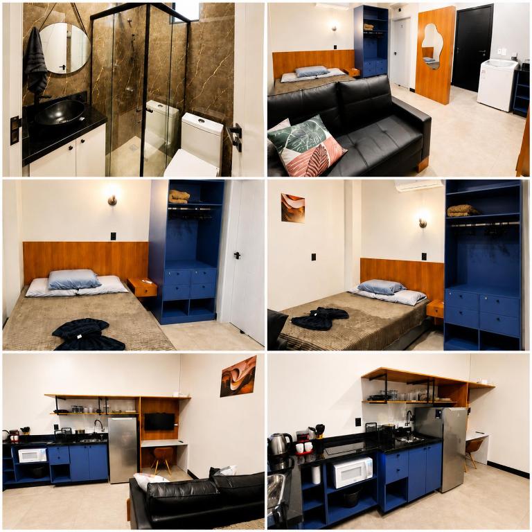 a collage of photos of a living room and kitchen at Studio Moderno e Novo - Cozinha Completa, Ar Condicionado e Wifi - Rápido Acesso ao Centro in Chapecó