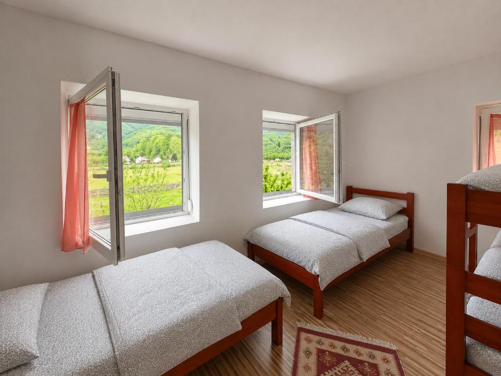 a bedroom with two beds and two windows at Blue Eye in Vusanje