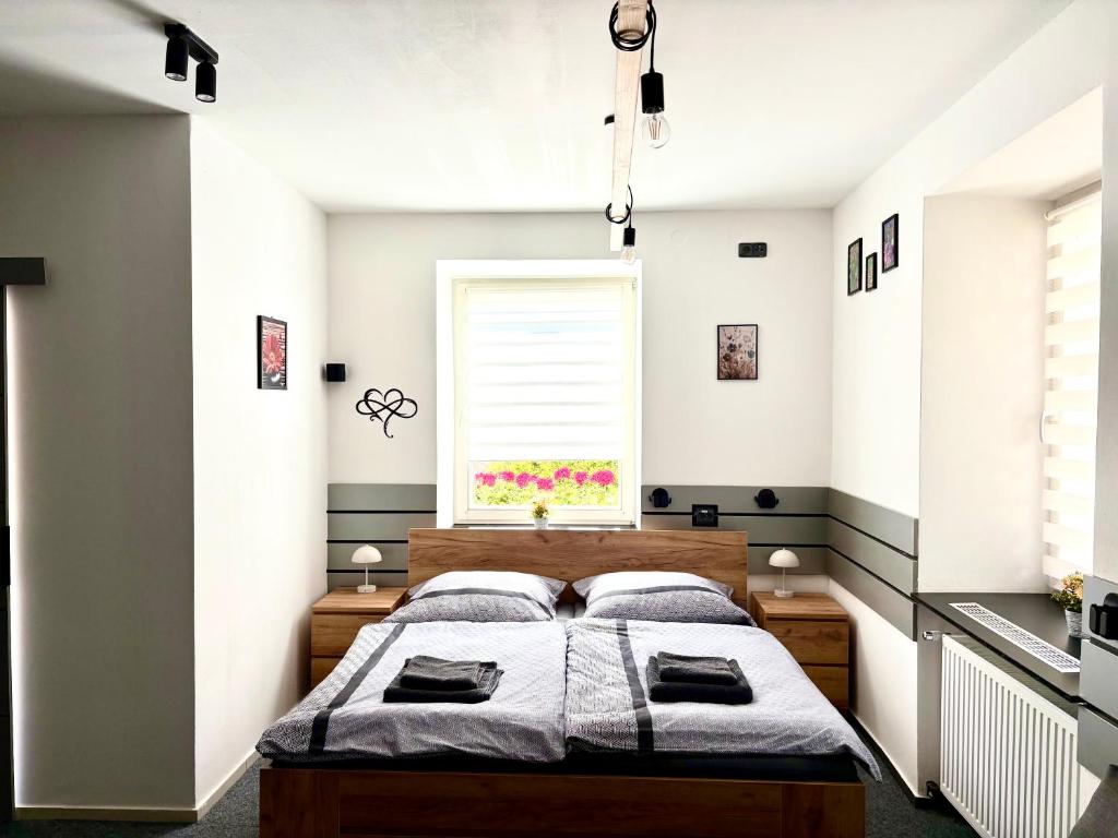a bedroom with a bed and a window at Apartmán Majerův dvůr in Rožnov pod Radhoštěm