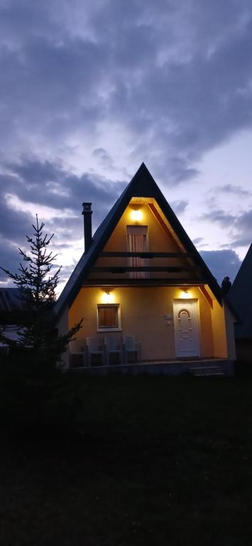 a house with lights on the front of it at D&N place - forest house Zabljak in Žabljak