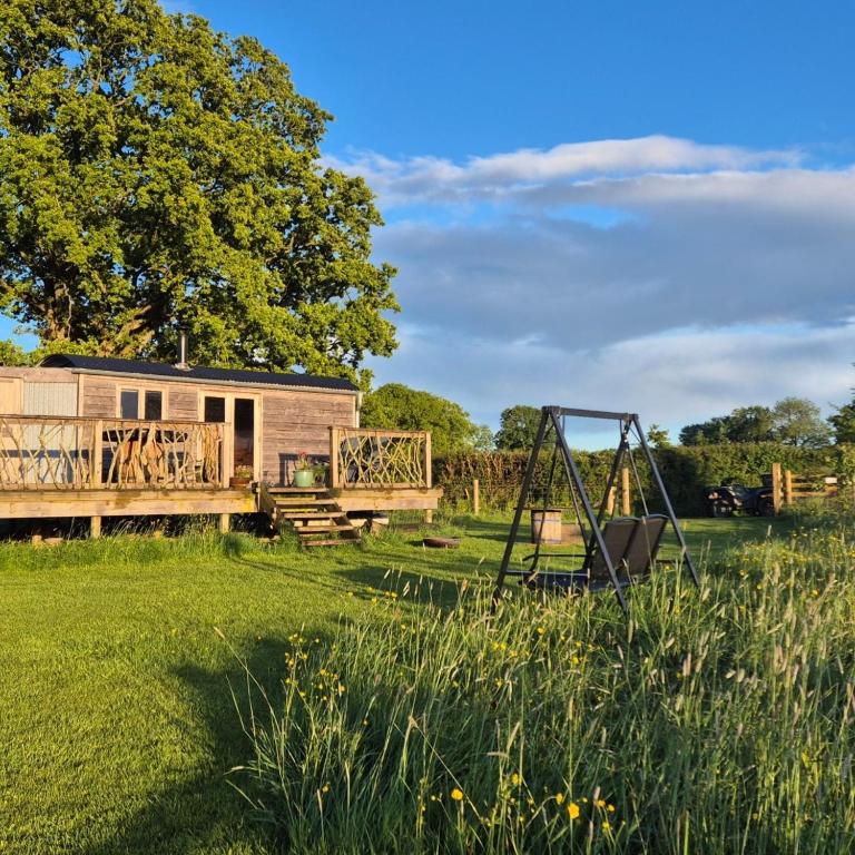 a house in a field with a swing at River Meadow Retreat in Uffculme