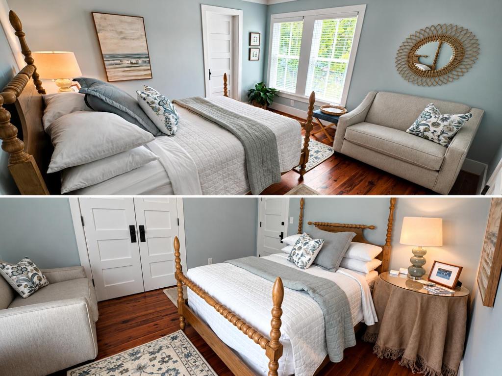 two pictures of a bedroom with two beds and a chair at Inn on Turner in Oriental