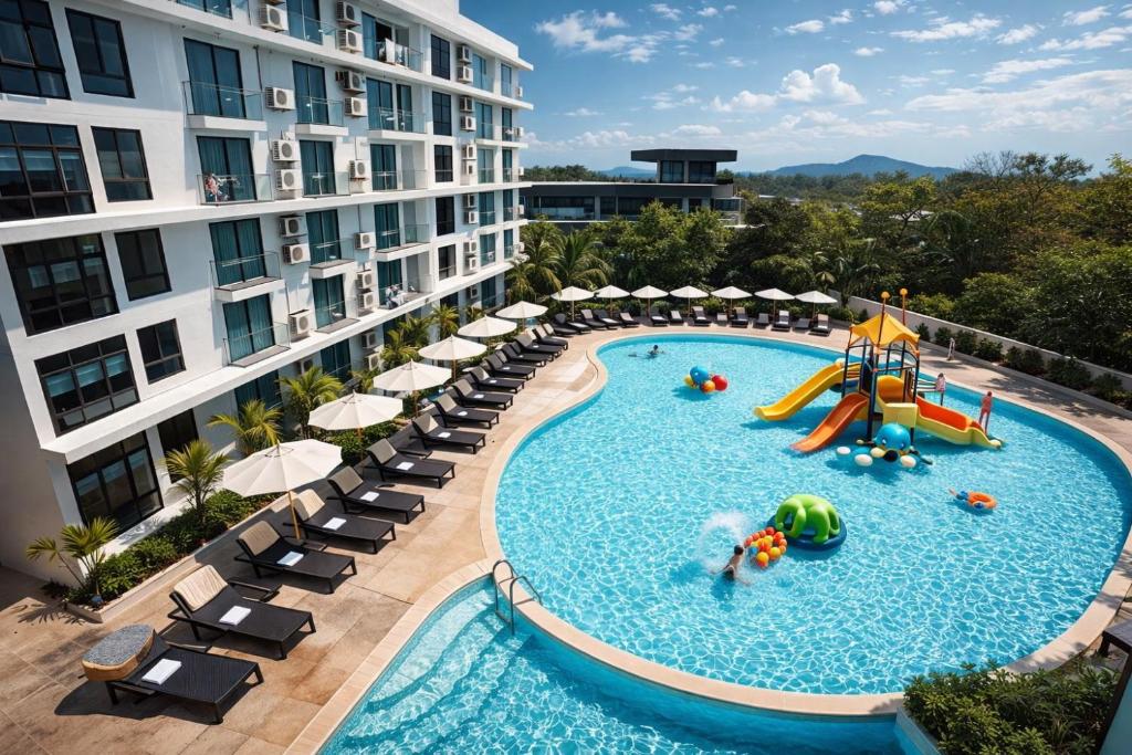 an overhead view of a swimming pool at a hotel at Suite Aura 1BR PoolsGyms Shuttle to Nai Harn in Rawai Beach