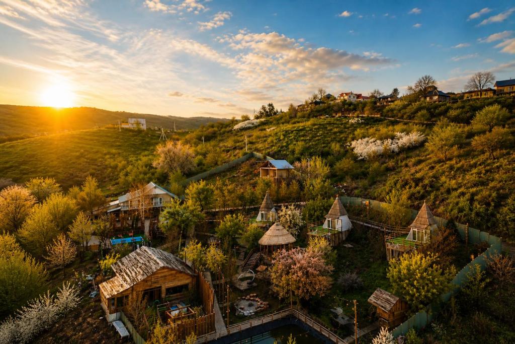 an overhead view of a resort on a hill at Pik Talgar Eco Village in Talghar