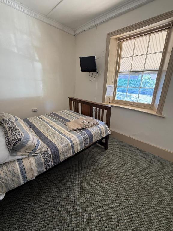 ein Schlafzimmer mit Bett, Fenster und Fernseher in der Unterkunft Riverton Hotel in Riverton