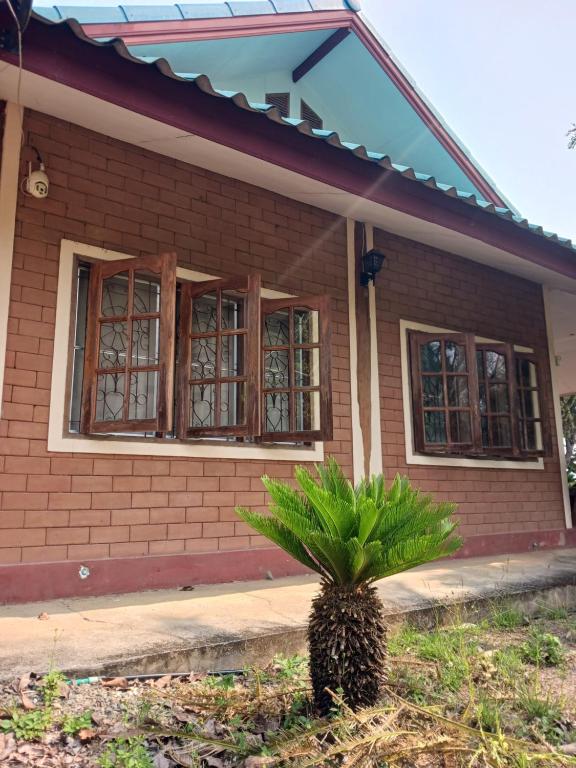 a house with a palm tree in front of it at Chompor villa farmstay in Chiang Dao
