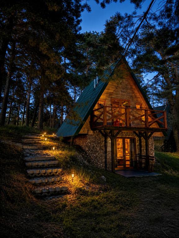 a cabin in the woods at night with lights in front at Przystań Kownatki in Kozłowo