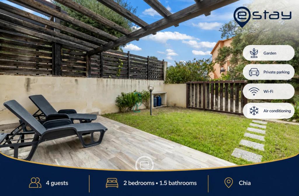 a patio with two chairs on a wooden deck at Estay - Mediterranean Garden House in Chia