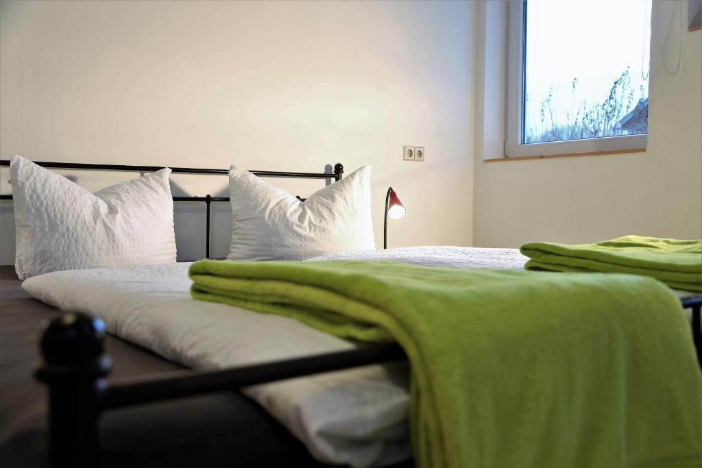ヘルマゴルにあるPro's Apartmentのベッド(白い枕、緑の毛布付)