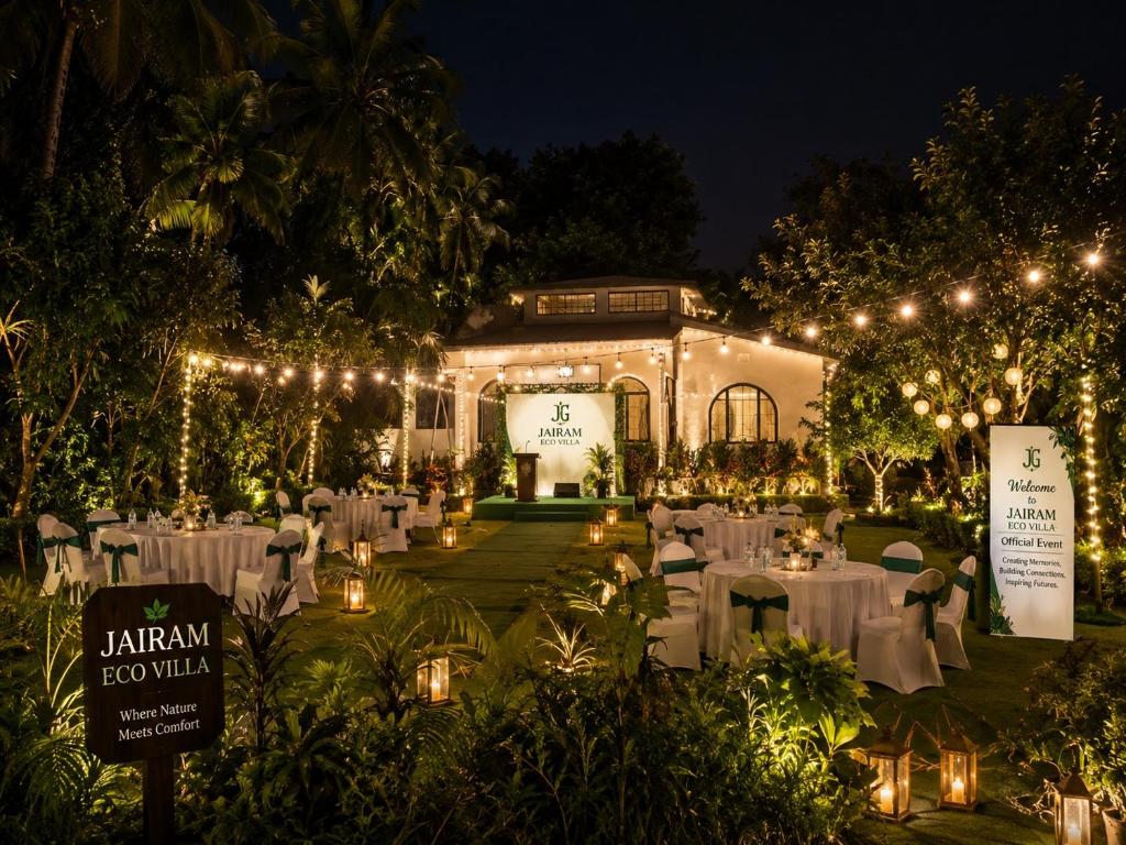 a garden venue with white tables and lights at night at Jairam Eco Villa in Bāruipur