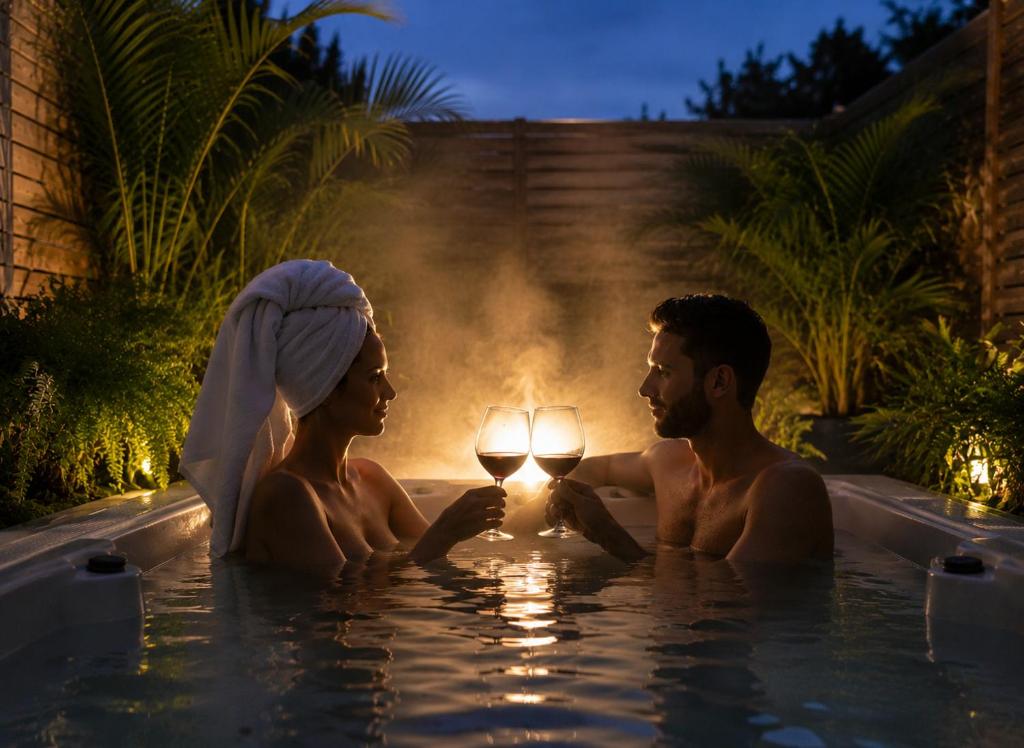 a man and a woman in a swimming pool with lights at Mielnova Adults Only Jacuzzi & Sauna Apartamenty in Mielno