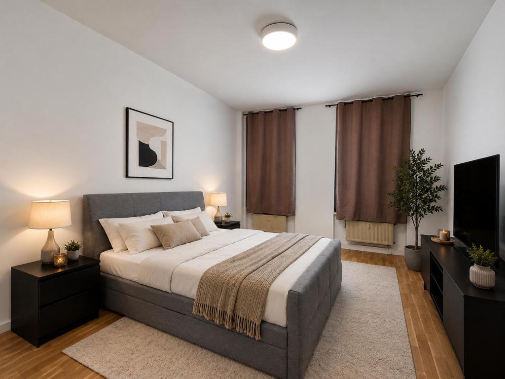 a bedroom with a large bed and a flat screen tv at Bright and Elegant Private Room in Dresden
