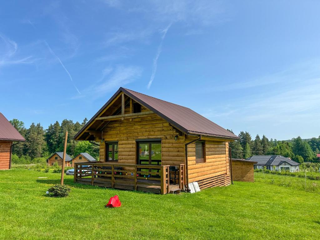 a log cabin in a field of green grass at Chatki Bies-Czadowe-Bies in Berezka