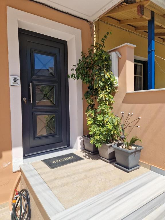 a black door on a porch with potted plants at Harry's Apartment in Lefkimmi