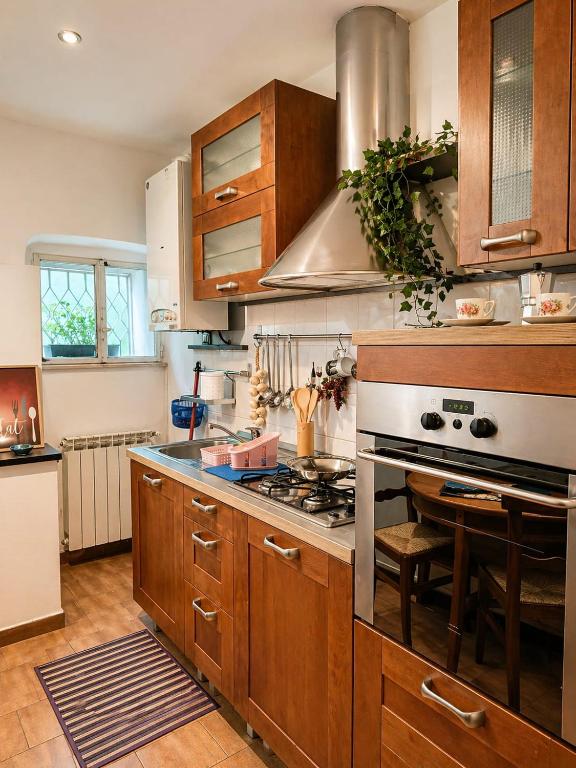 a kitchen with wooden cabinets and a stove top oven at Barrique in Villa Viani