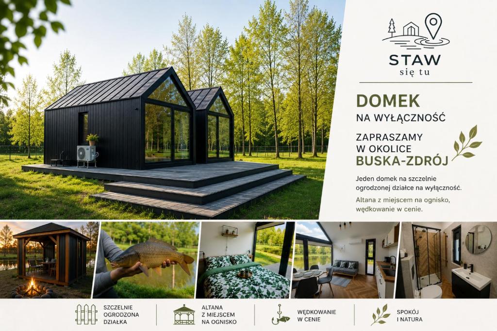 a collage of photos with a black house at STAW się tu in Młyny