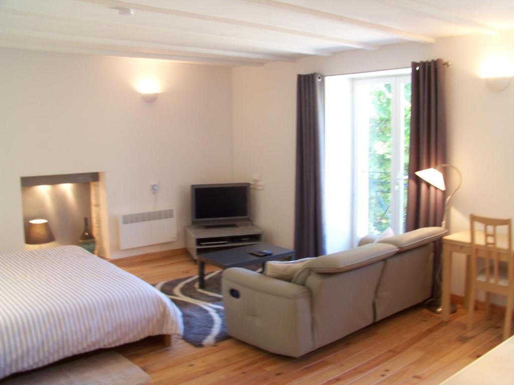 a bedroom with a bed and a couch and a television at Le Rosier in Segonzac