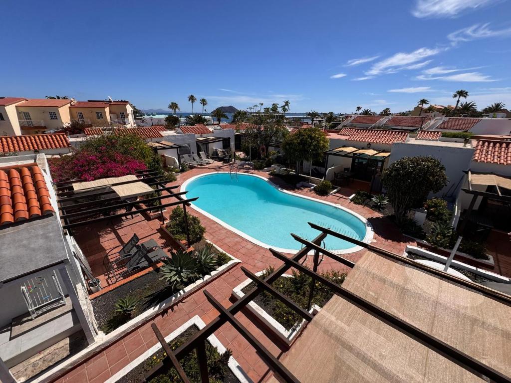 an overhead view of a swimming pool at a resort at La Concha del Mar in Corralejo
