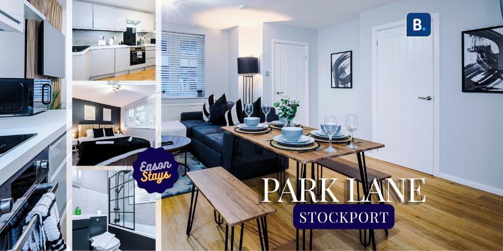 a collage of photos of a living room and a apartment at 2 BDR House By Eason Stays Short Lets Stockport in Stockport