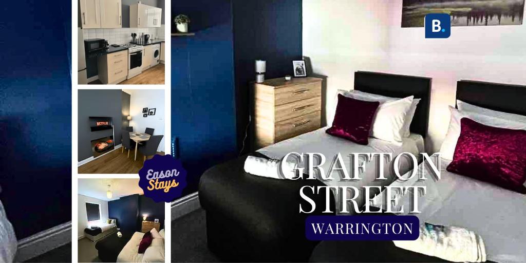 a collage of pictures of a bedroom with a bed at 2BR Apt By Eason Stays Short Lets Warrington in Warrington