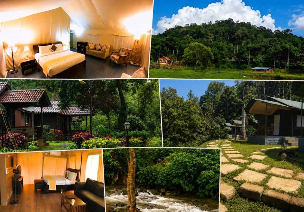 a collage of four pictures of a resort at Three Hills Resort & Spa, Coorg in Madikeri