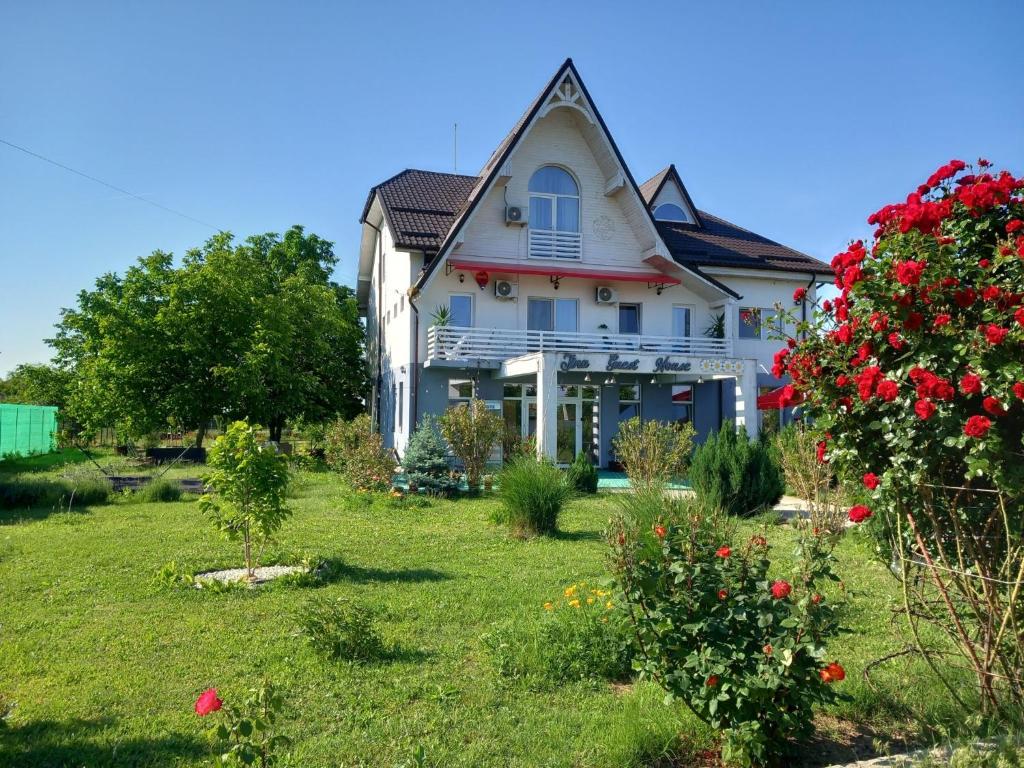 a white house with red flowers in the yard at Tina Guest House in Basarabi