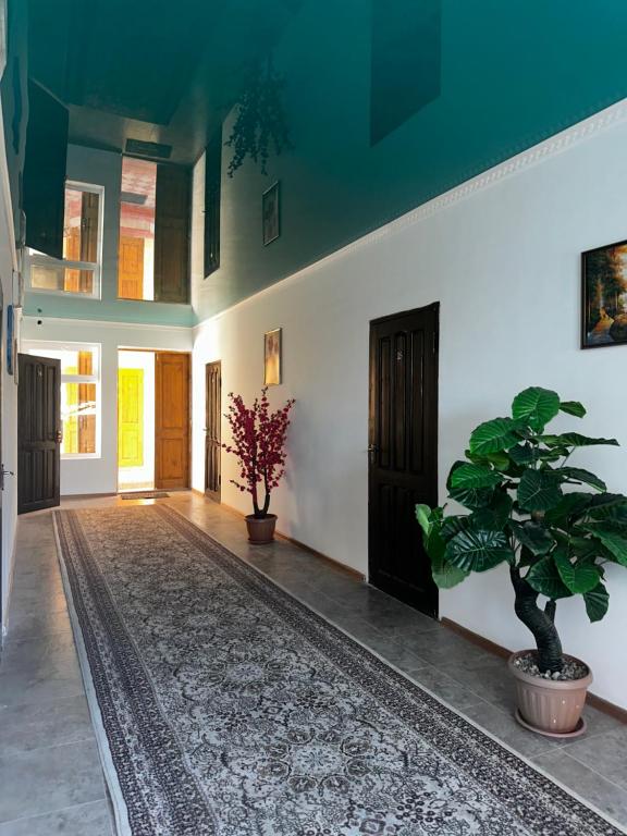 a hallway with two potted plants and a hallway with at Guest House Arbat in Cholpon-Ata