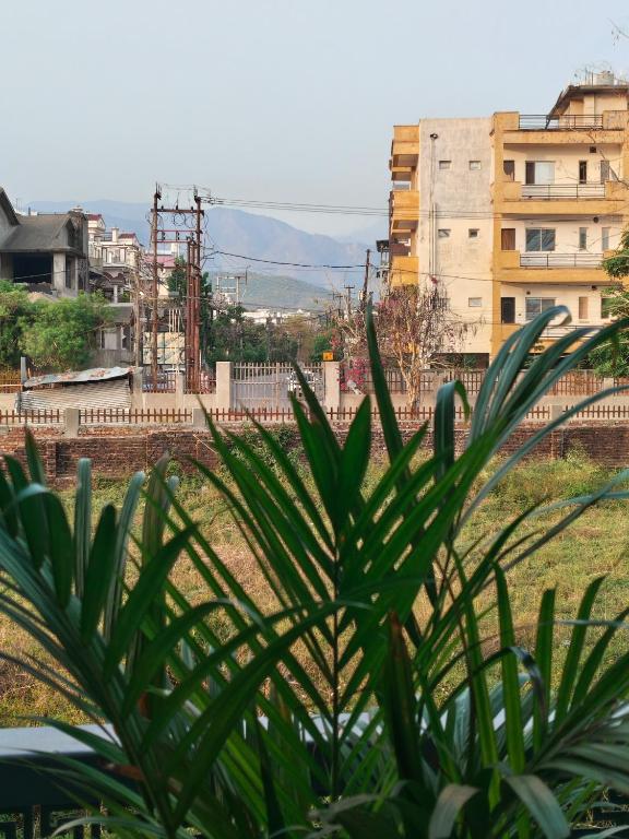 a plant in the foreground with buildings in the background at 12 Summits Elite Stays in Dehradun