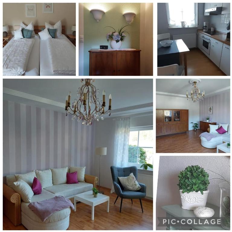 a collage of pictures of a bedroom and a living room at Ferienwohnung Gartentraum in Oberzent