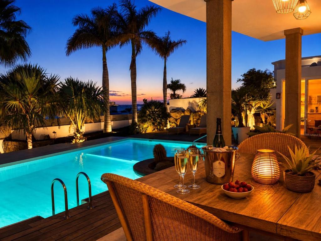 a table with wine glasses on a deck next to a swimming pool at Villa Claus - Private Pool Oasis in Puerto Calero in Puerto Calero