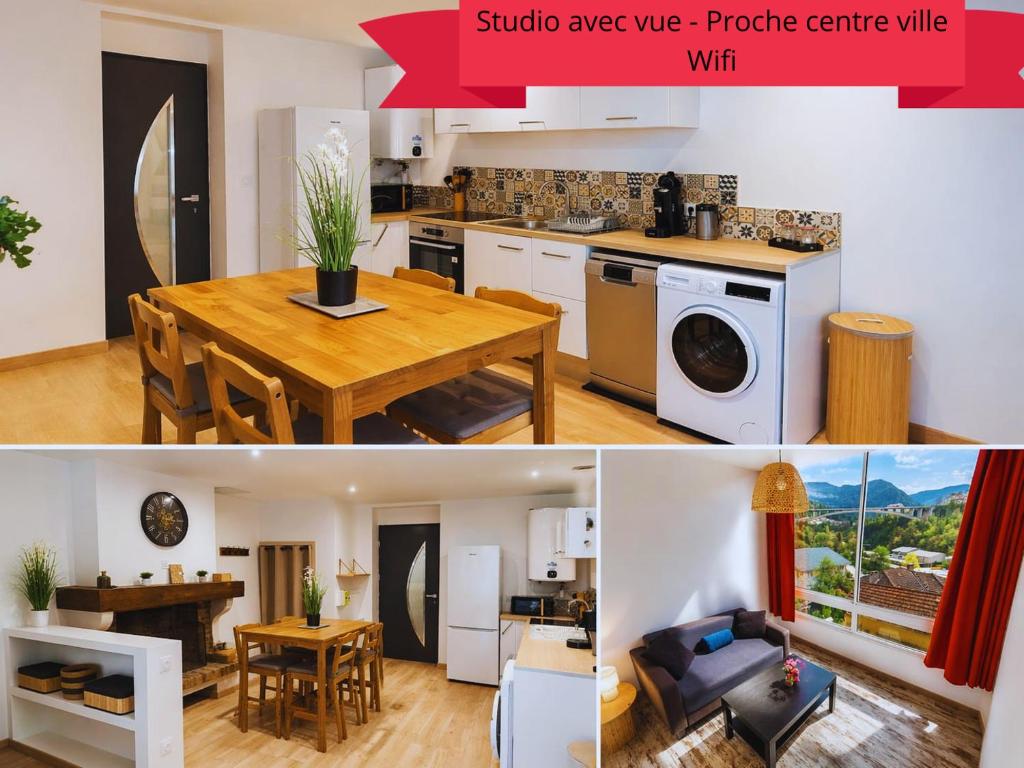 a collage of photos of a kitchen and a living room at Studio Les Petits Marcheurs in Saint-Claude