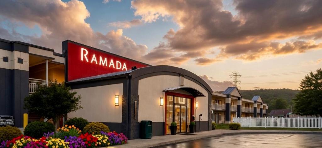 a rammada hotel with a sign on the building at Ramada by Wyndham Harrisonburg in Harrisonburg