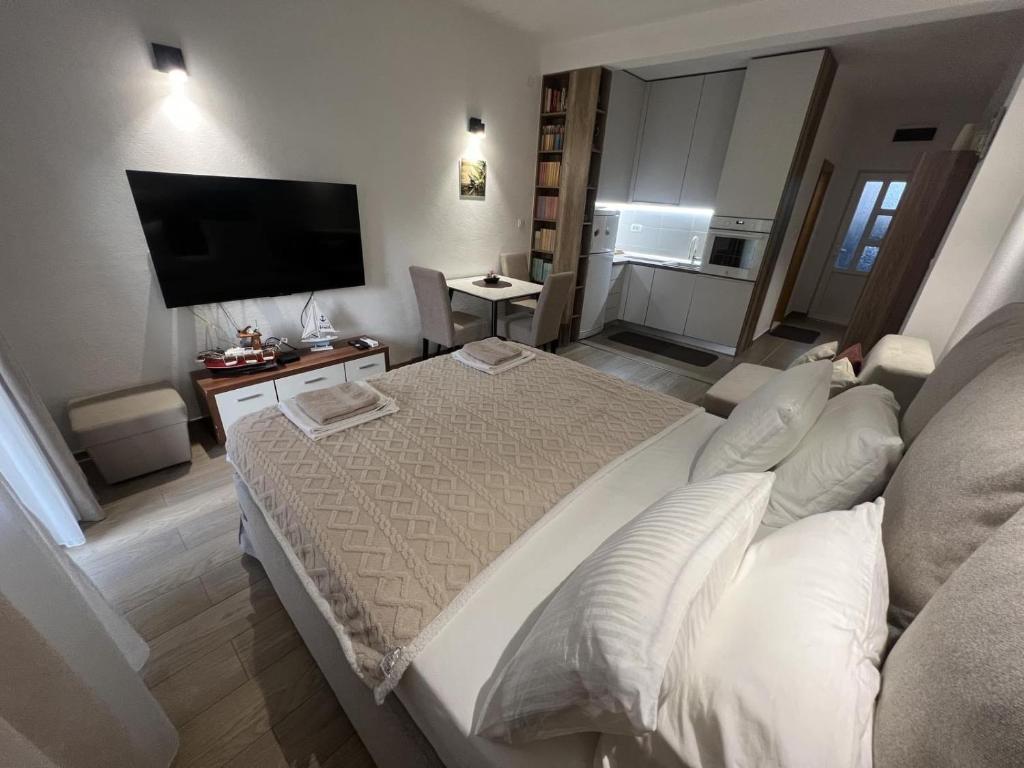 a bedroom with a bed and a flat screen tv at Apartman Vera in Sušćepan