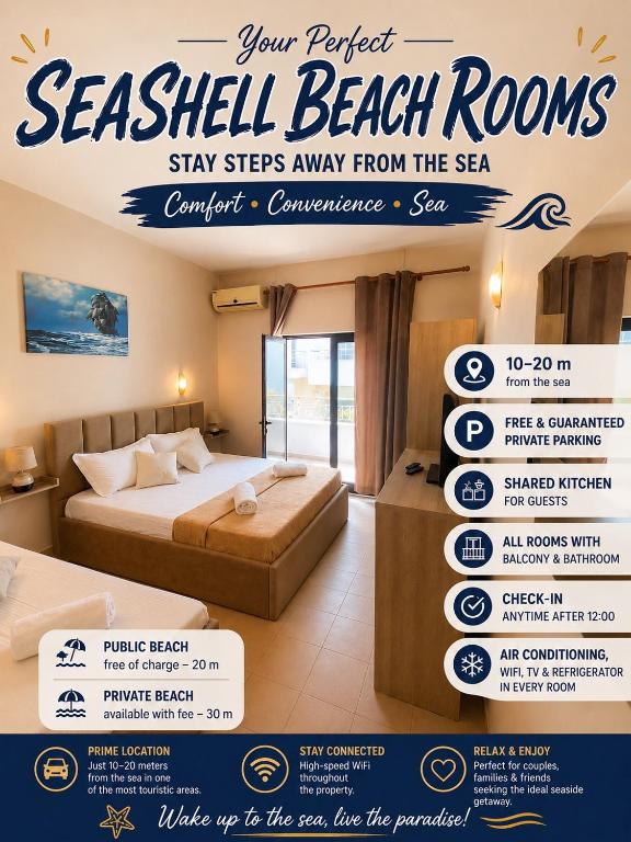 a flyer for a seashell beach roomsstay steps away from the sea at Seashell Beach Rooms in Durrës