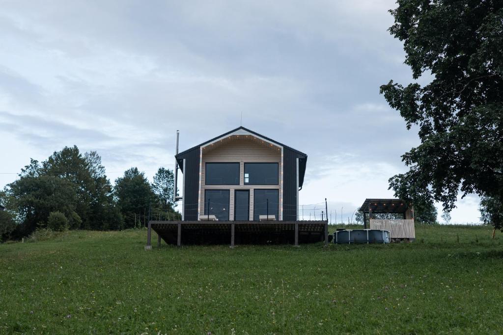 a small house in a field with a green field at Horizon Славсько з чаном,басейном in Khashchovanoye