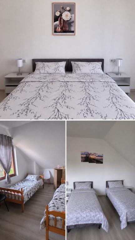 two pictures of a bedroom with a bed and a table at Konoba Taline Sokolac in Rešetnica