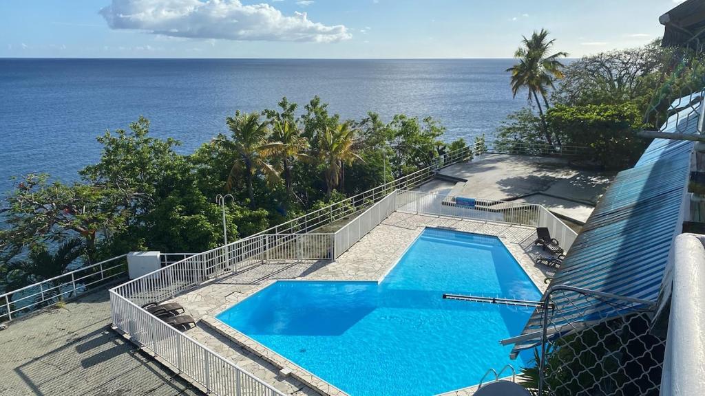 a swimming pool with the ocean in the background at Bleu Caraibe studio in Schœlcher