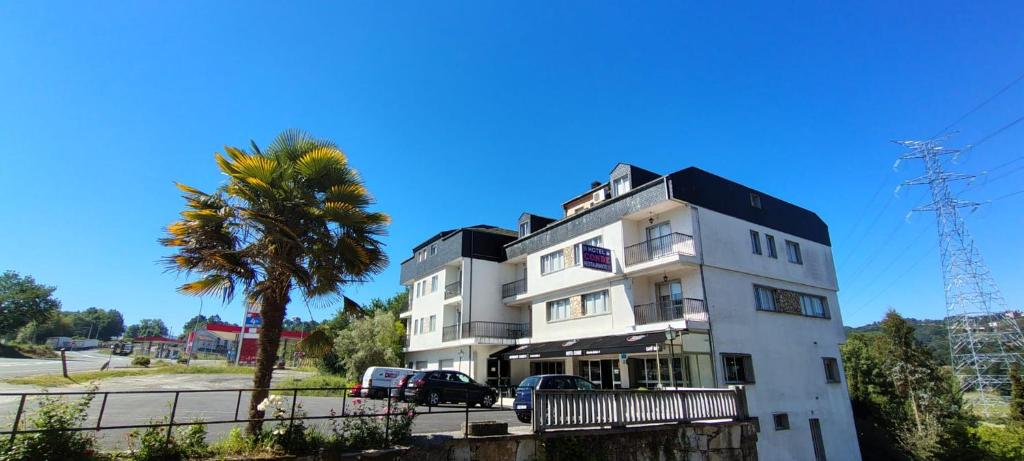 a tall white building with a palm tree in front of it at Hotel Conde in Taboadela