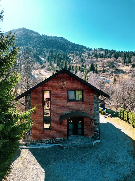 a small brick house with a hill in the background at Cabana Vasc in Borsa