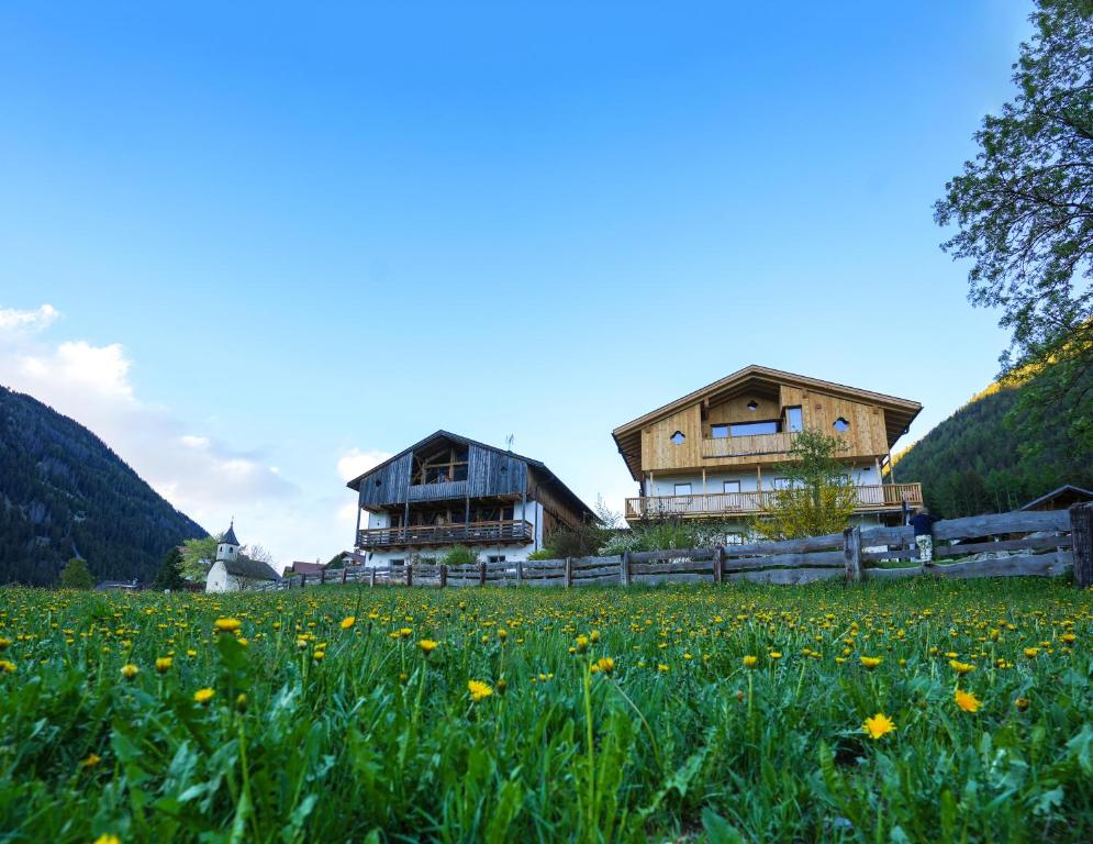 two houses on a hill with a field of flowers at Preindlerhof Farmloft in Valle Di Casies