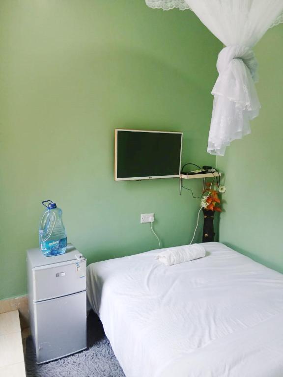 a bedroom with a bed and a tv on the wall at Amazing Grace Home - Oyugis studio in Oyugis