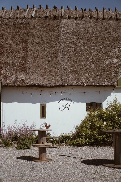 a white building with a thatched roof and a bench at Axatorpsgården in Trelleborg