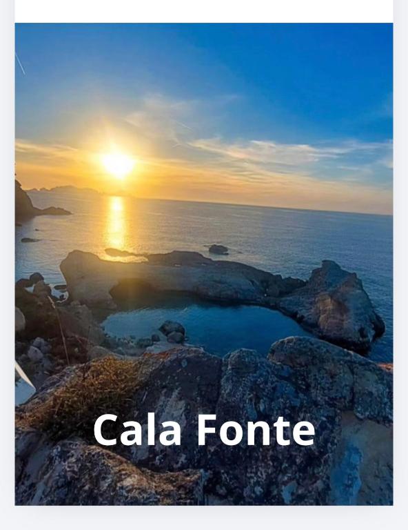 a sunset over the ocean with the words cala forge at Ponzamania Casa dei fiori in Ponza