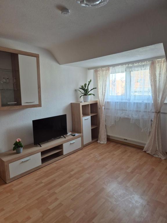 a living room with a flat screen tv and a window at Familienwohnung Bella in Pirmasens