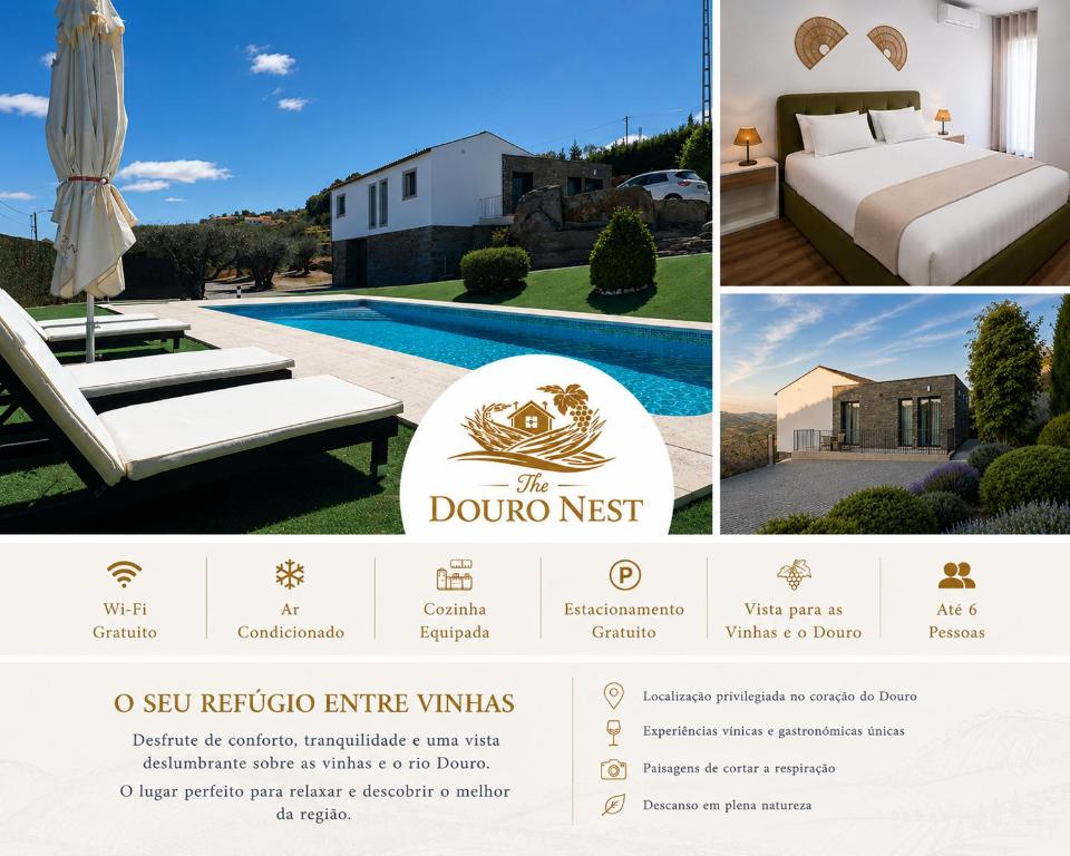 a website for a luxury villa with a bed and a pool at The Douro Nest in Valença do Douro